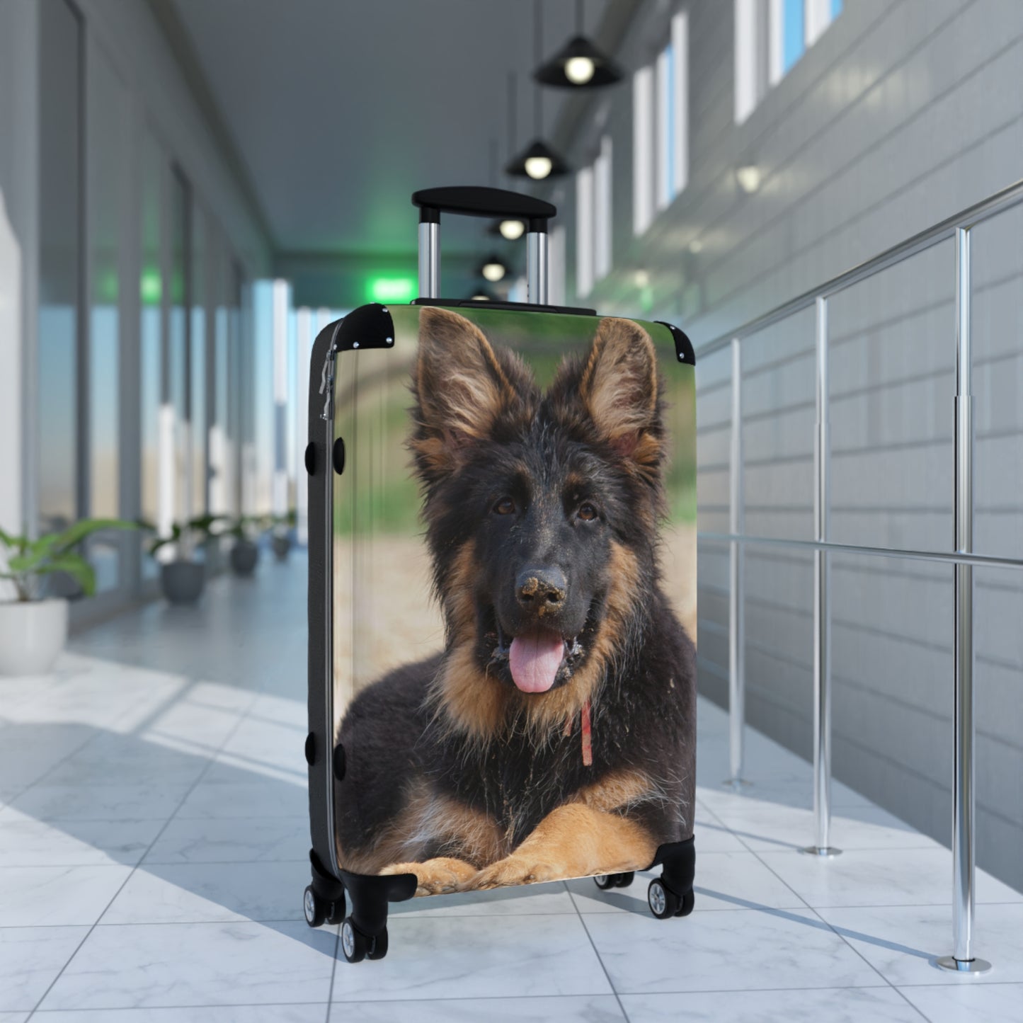 Dog Lover's Travel Suitcase Featuring a a Stunning German Shepherd Puppy Resting on the Sand