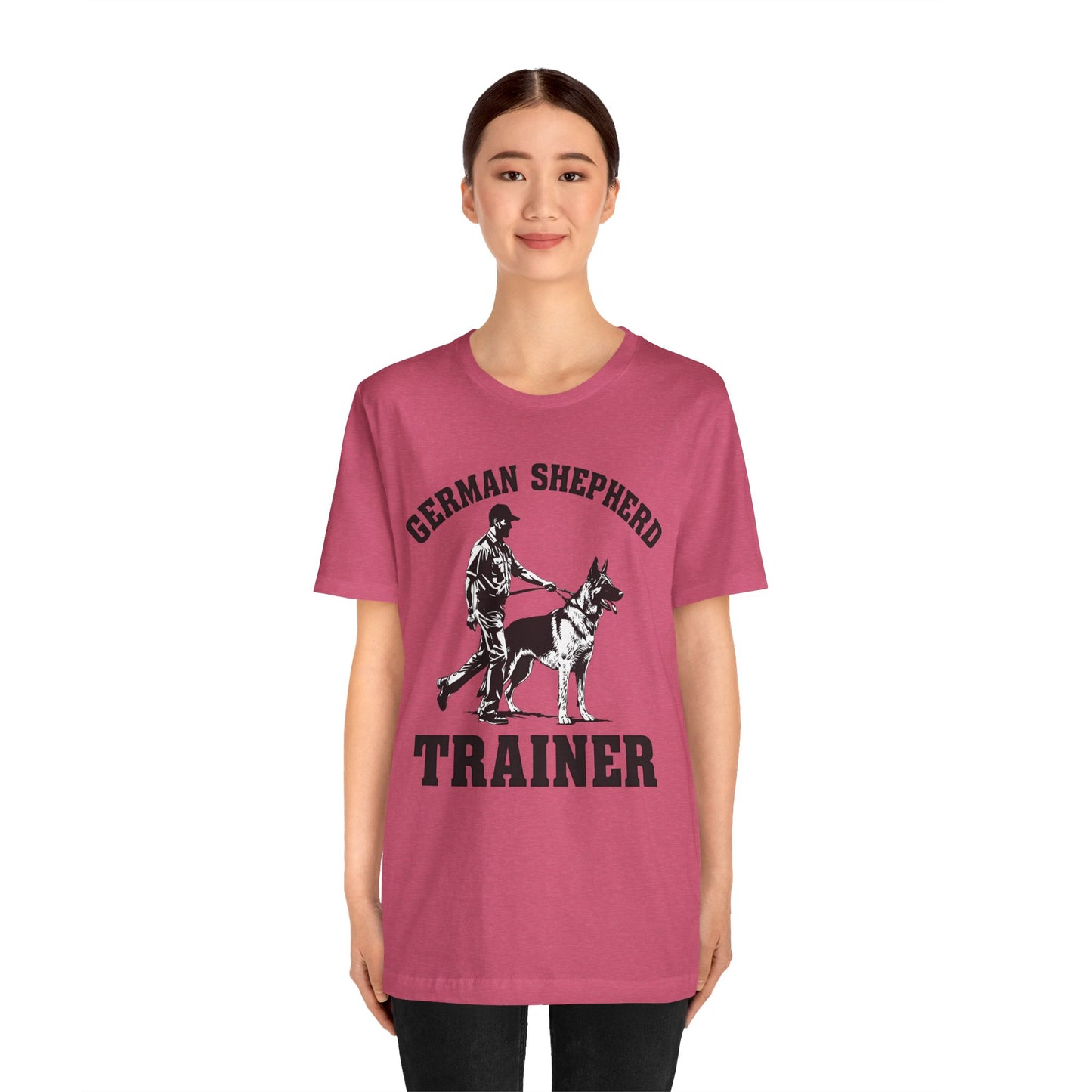German Shepherd Trainer Tee - Black and White Design of Man Holding a German Shepherd