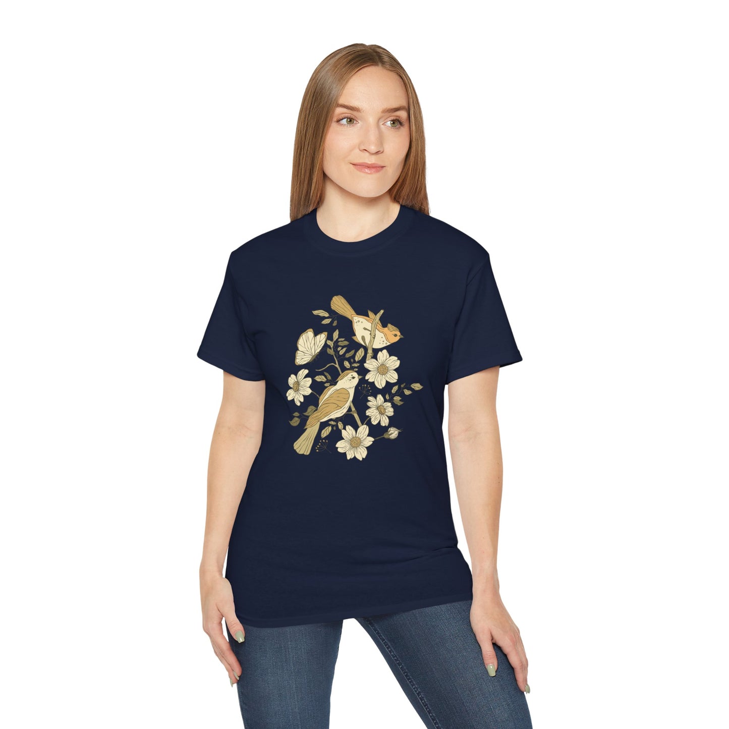 Nature-Inspired Unisex Tee, Floral Bird Print T-Shirt, Gift for Nature Lovers, Spring Fashion, Eco-Friendly Casual Wear