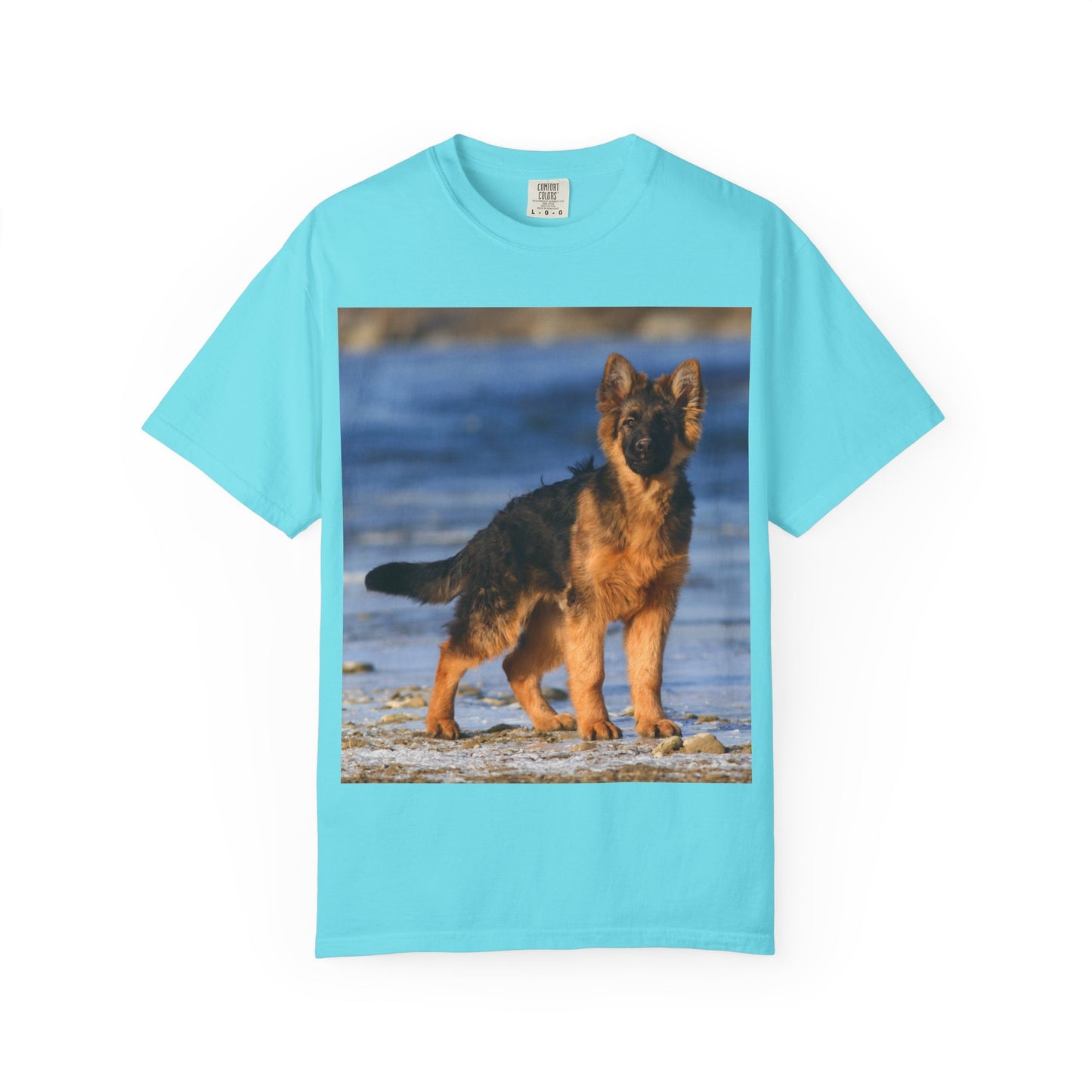 Unisex Dog Lover T-Shirt Featuring Beautiful German Shepherd Puppy Standing at the Sea Shore