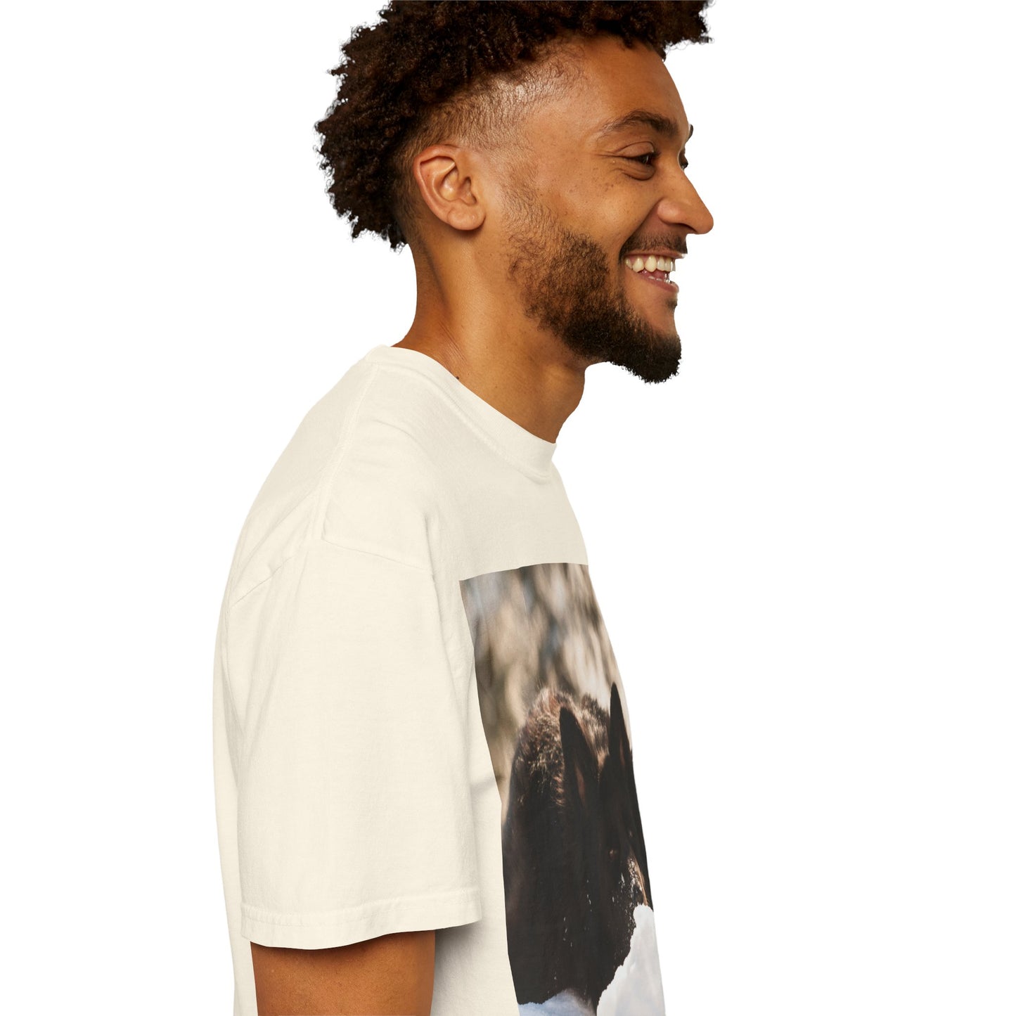 Unisex Dog Lover T-Shirt Featuring a Giant Black German Shepherd Resting on the Snow