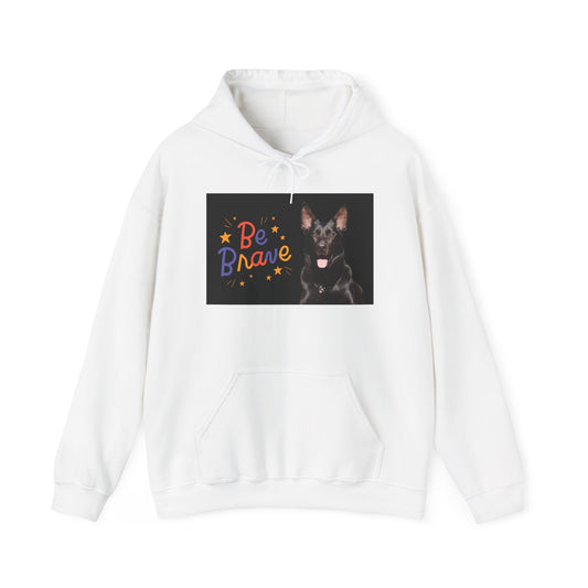 A Unisex Dog Lover Hoodie With Close Up of Solid Black German Shepherd and Caption Be Brave