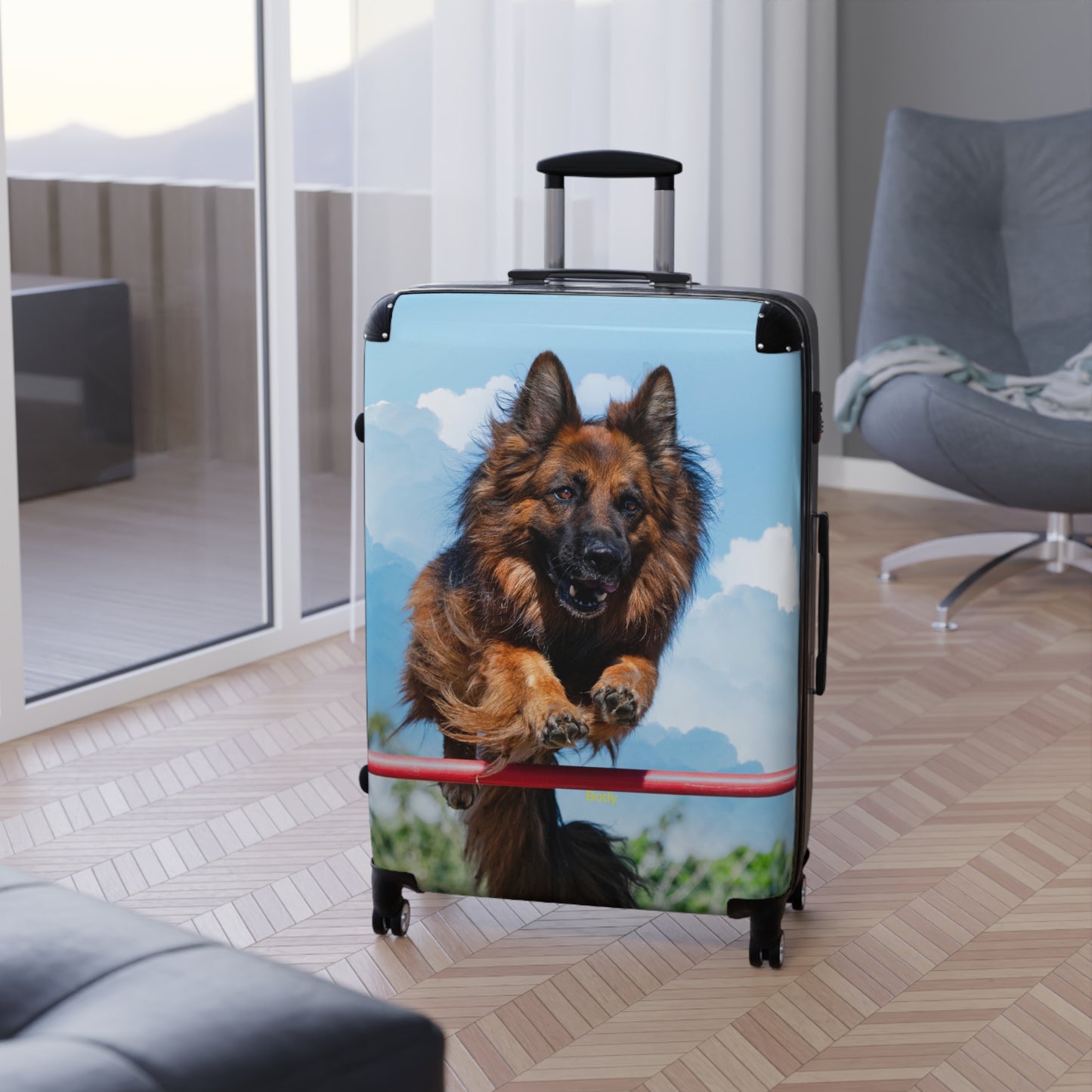 Dog Lover's Travel Suitcase Featuring a German Shepherd in the Air While Jumping An Agility Fence