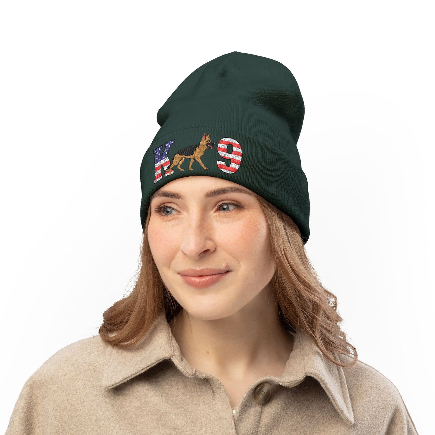 Embroidered K9 American Flag Beanie Featuring a German Shepherd | Patriotic Knit Hat, Memorial Day Cap