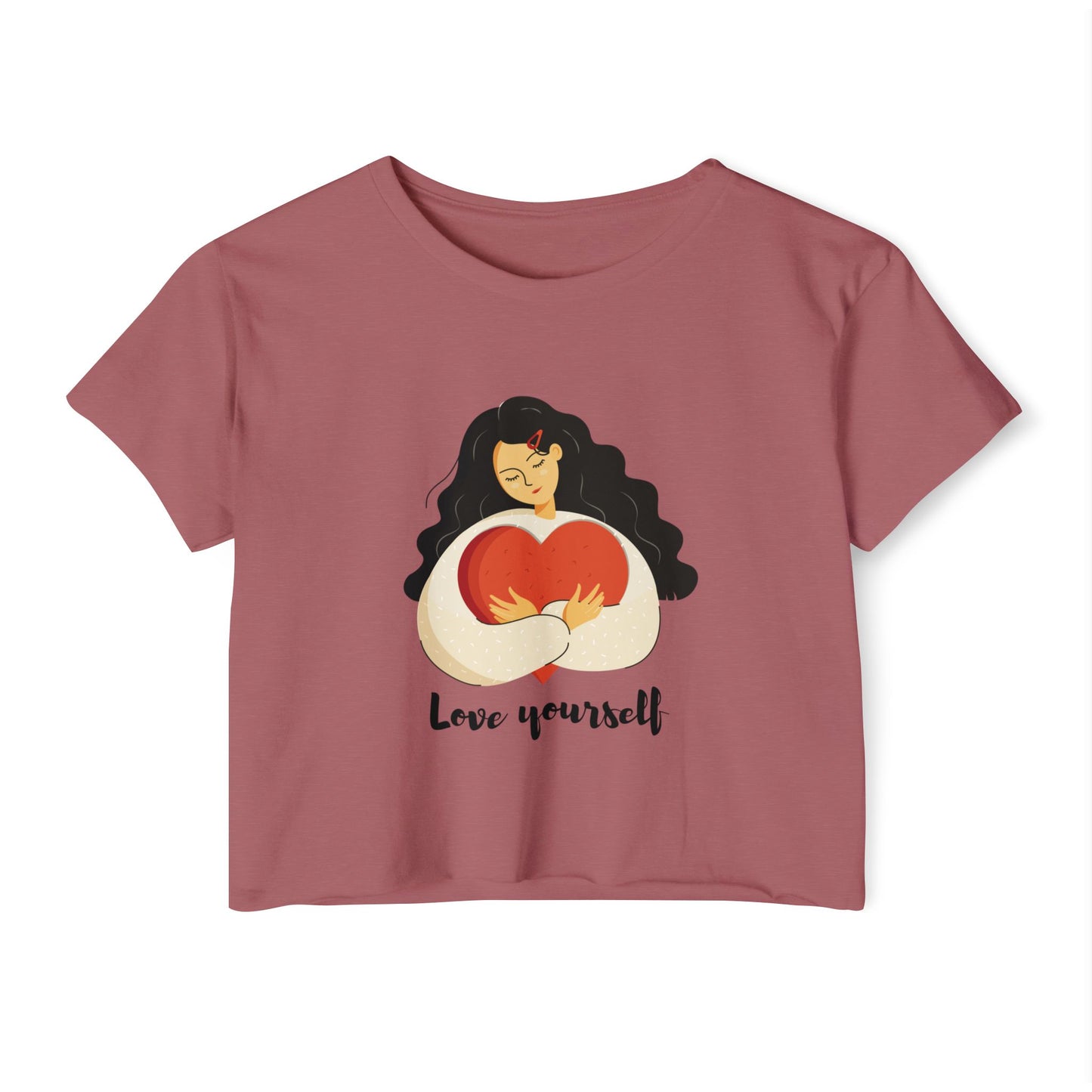 Love Yourself Festival Vibes Crop Top - Girl Holding a Big Heart, Summer Fashion, Boho Style, Women’s Casual Wear, Gift for Her