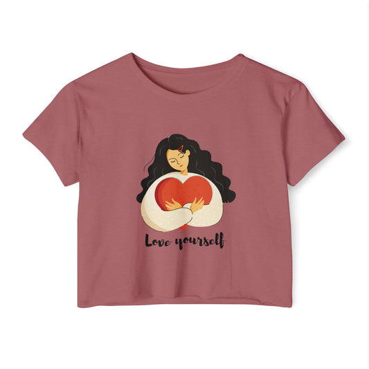 Love Yourself Festival Vibes Crop Top - Girl Holding a Big Heart, Summer Fashion, Boho Style, Women’s Casual Wear, Gift for Her