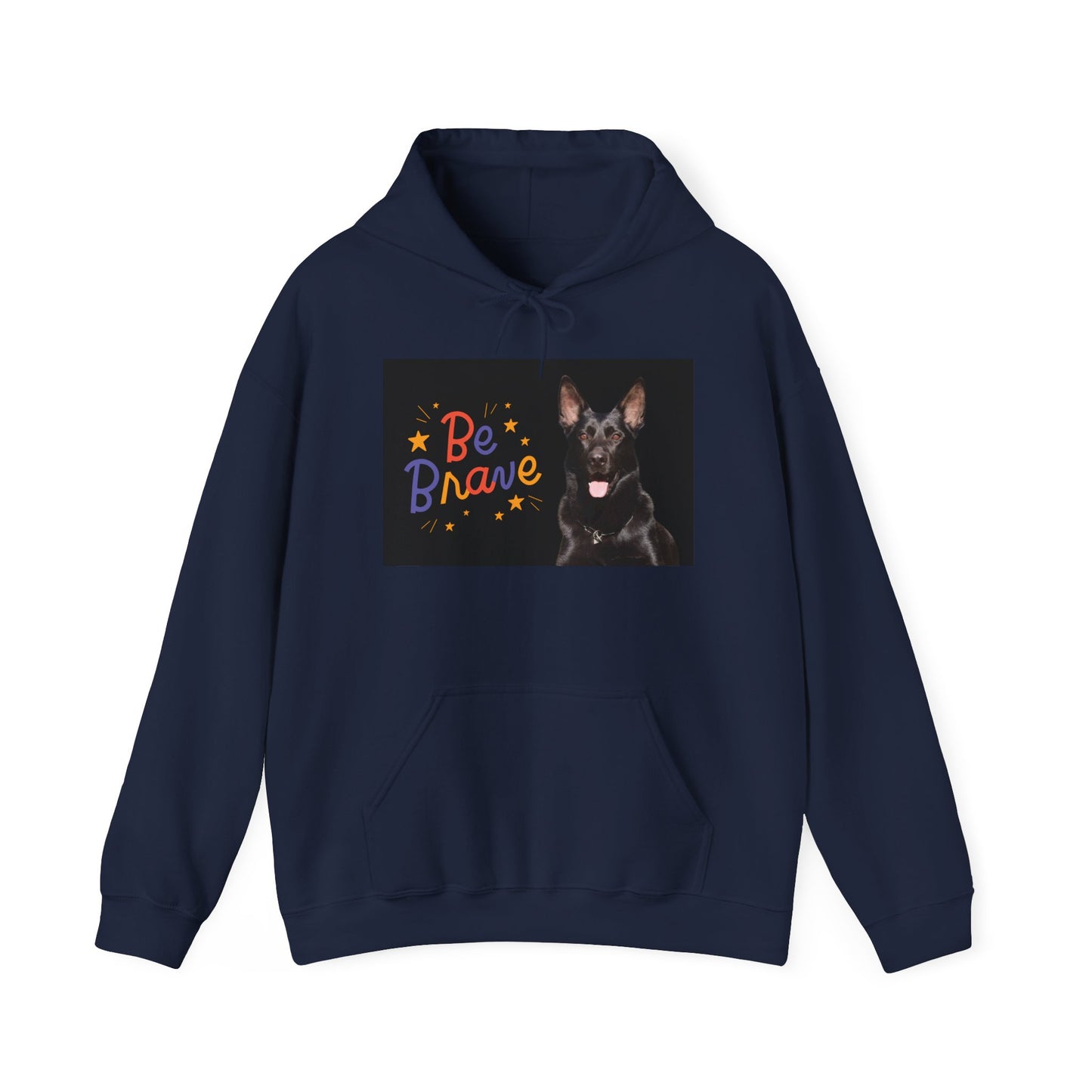A Unisex Dog Lover Hoodie With Close Up of Solid Black German Shepherd and Caption Be Brave