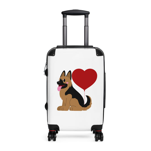 Dog Lover's Suitcase Featuring Graphic of a German Shepherd Puppy and Heart Shaped Balloon Attached to Tail