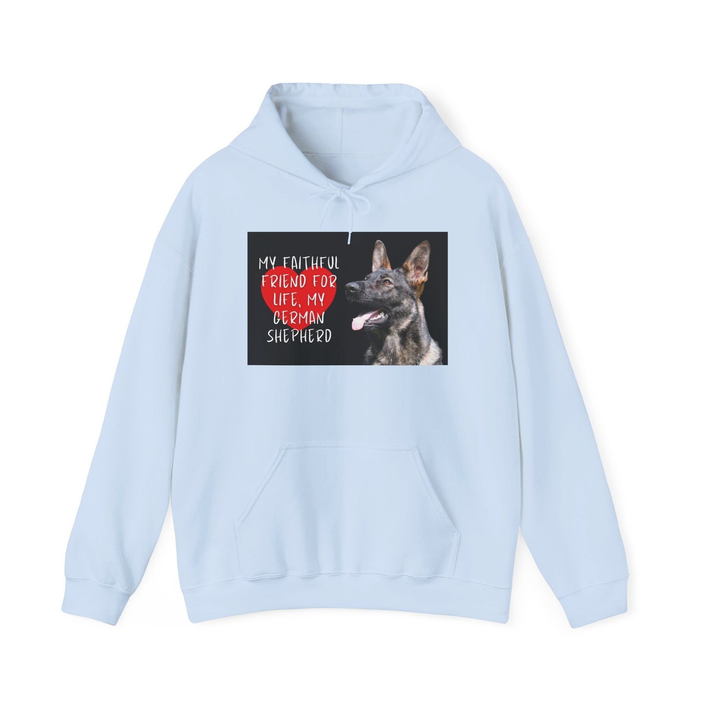 Unisex Dog Lover Hoodie With a Working Line German Shepherd and Caption Faithful Friend on Top of Red Heart
