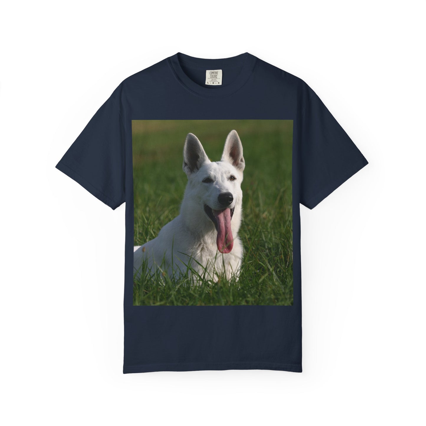 Unisex Dog Lover T-Shirt Featuring White German Shepherd Resting On Green Grass Leaving Tongue Out