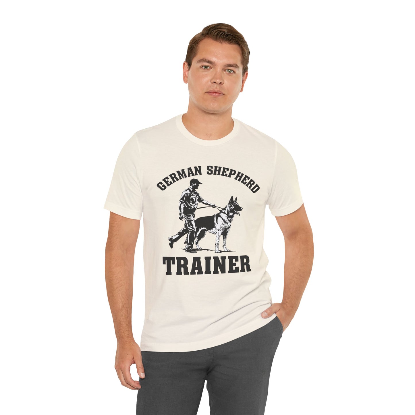 German Shepherd Trainer Tee - Black and White Design of Man Holding a German Shepherd