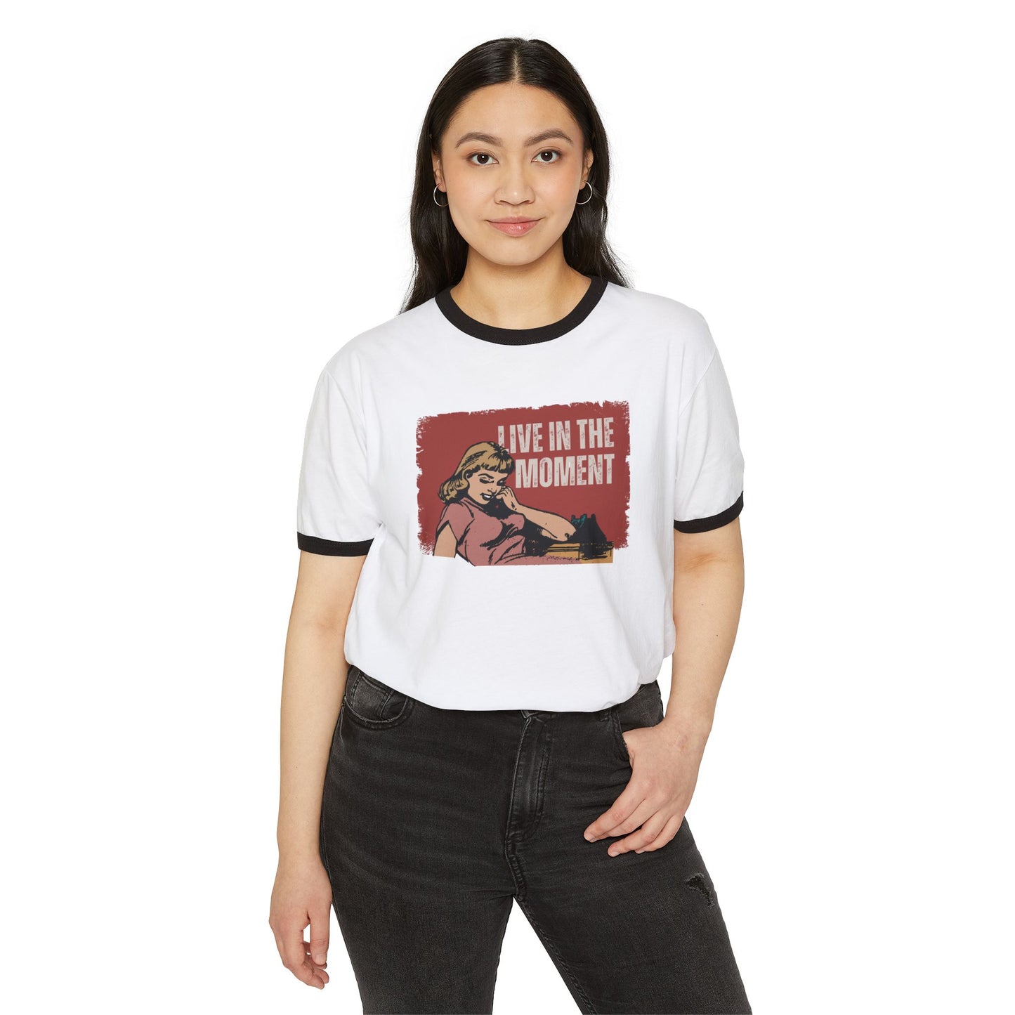 Live in the Moment Unisex Cotton Ringer T-Shirt, Retro Graphic Tee, Casual Wear, Gift for Her, Motivational Trendy Top