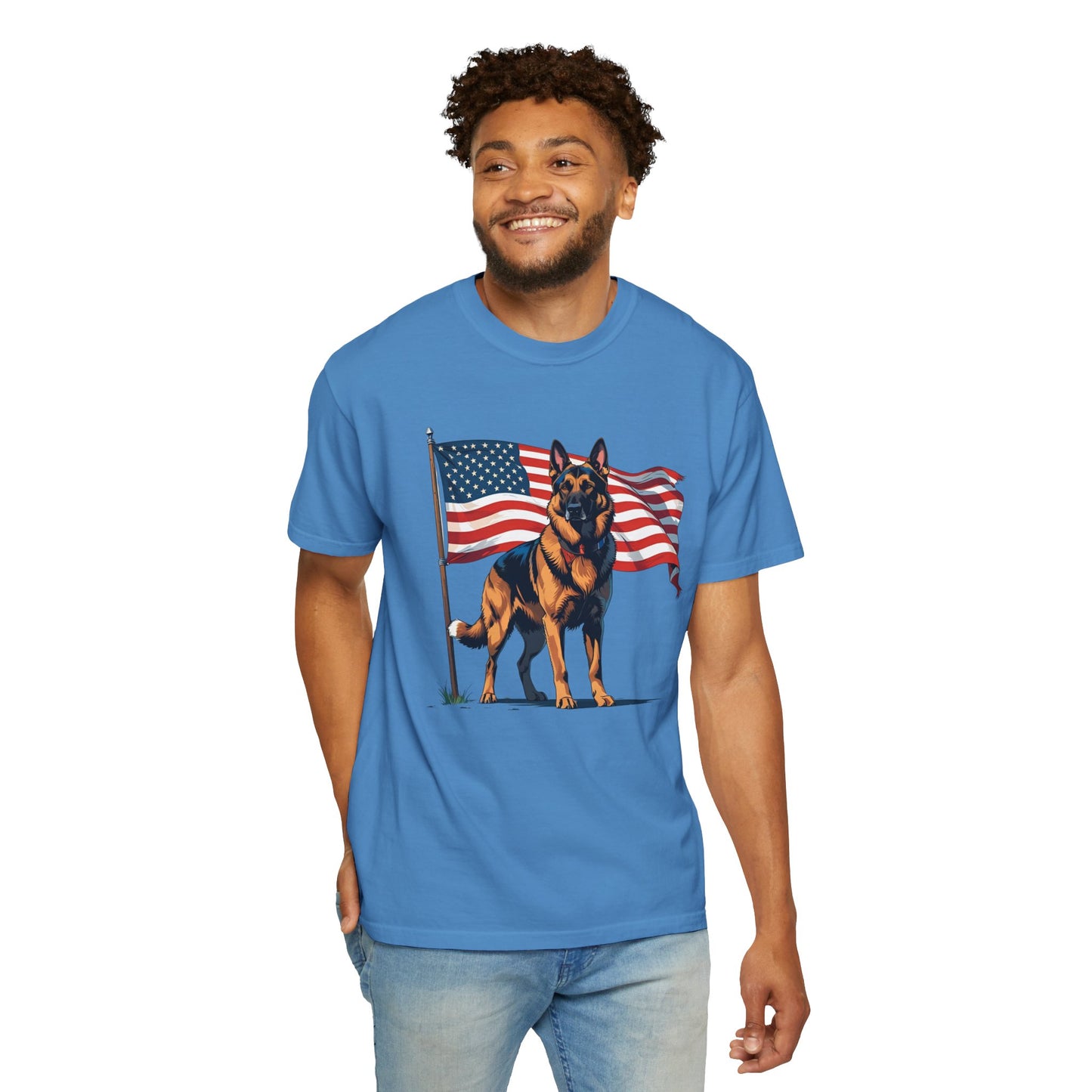 Patriotic German Shepherd Dog T-Shirt, Unisex Garment-Dyed Tee, Dog Lover Gift, US Independence Day Apparel, Casual Wear for Pet Lovers