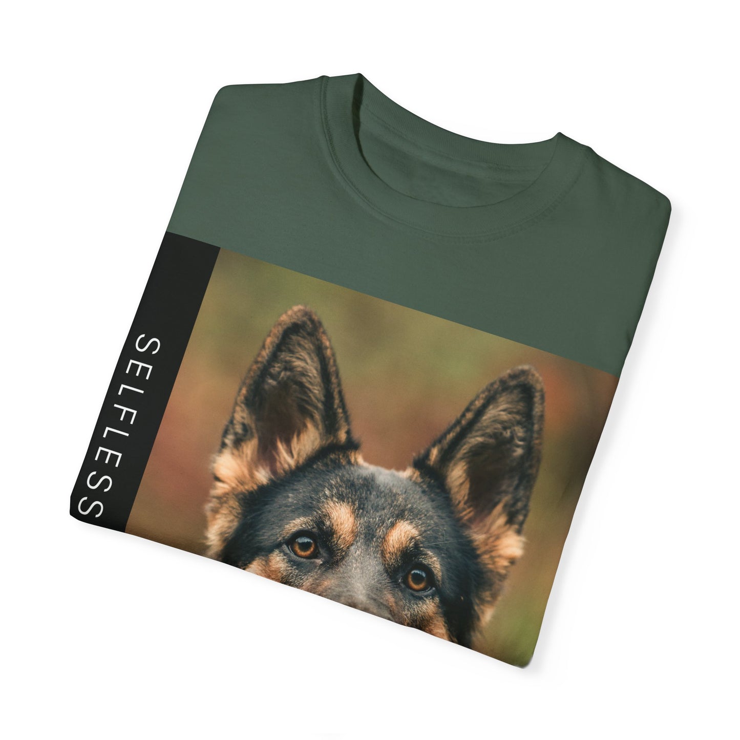 Unisex Dog Lover T-Shirt With Close Up of German Shepherd Leaving His Tongue Out and Caption Selfless Beings