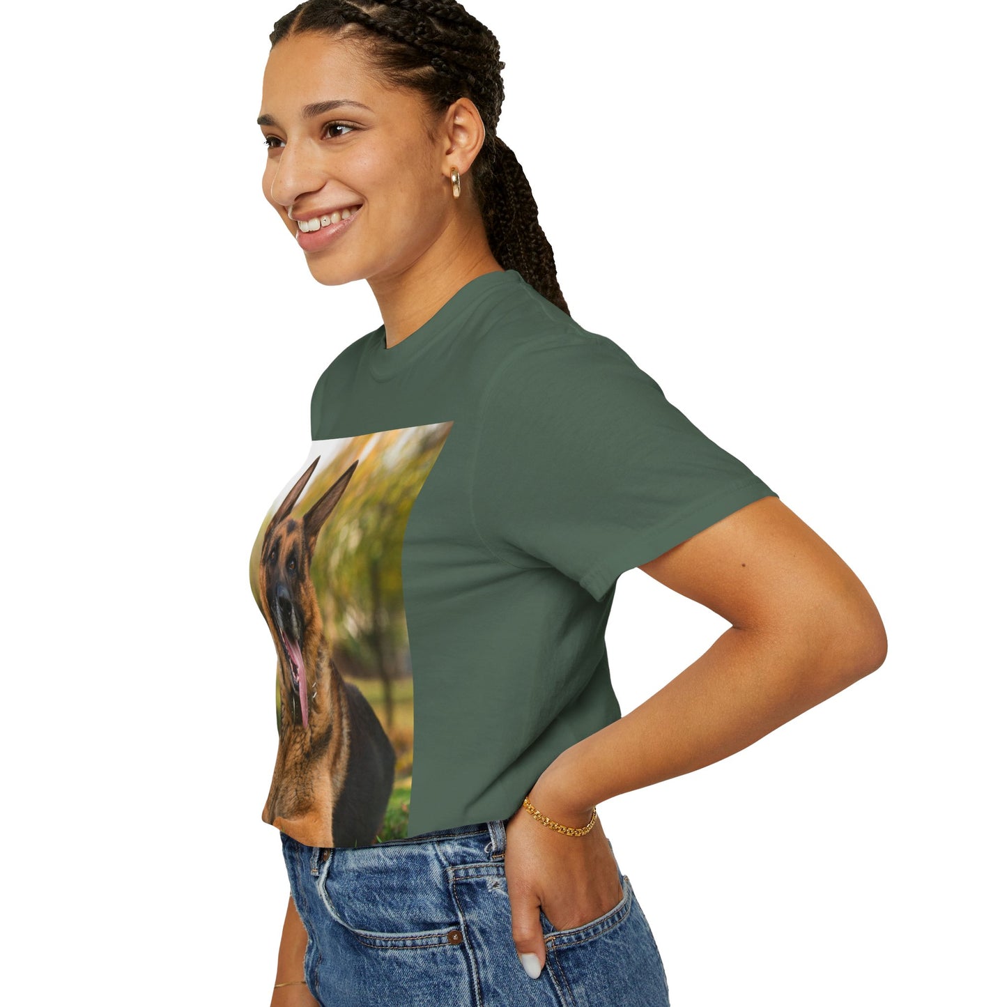Unisex Dog Lover T-Shirt With Giant German Shepherd Relaxing on the Grass Leaving Tongue Out and Caption Selfless Beings