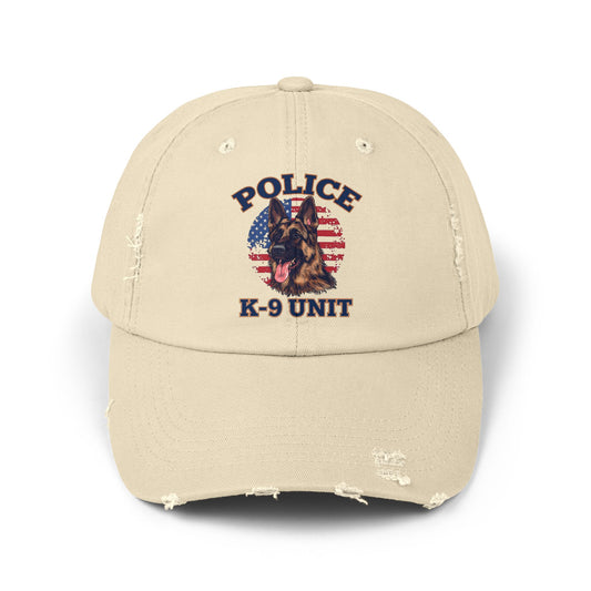 Patriotic Police K-9 Unit Cap Featuring German Shepherd, Vintage Distressed Style Hat