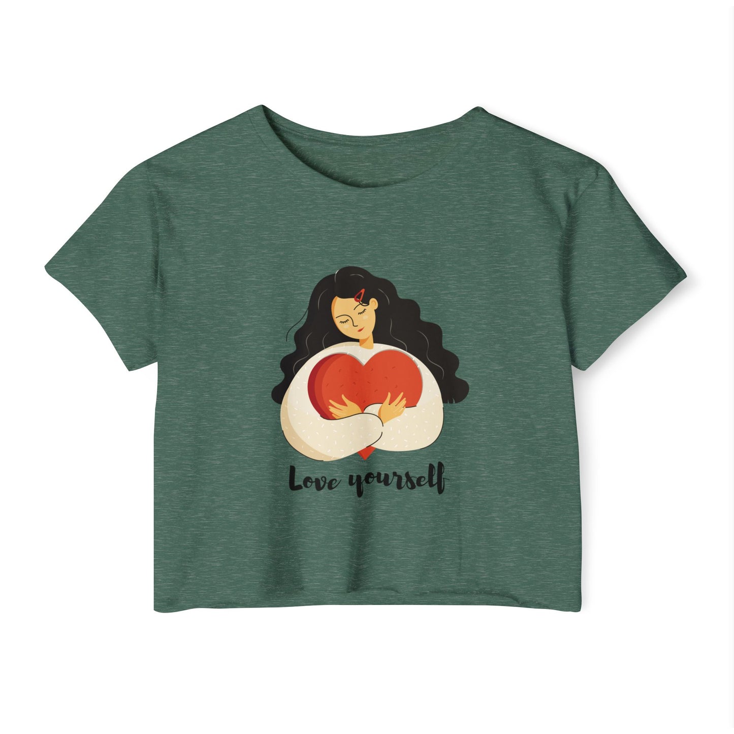 Love Yourself Festival Vibes Crop Top - Girl Holding a Big Heart, Summer Fashion, Boho Style, Women’s Casual Wear, Gift for Her
