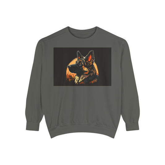 Unisex Dog Lover Sweatshirt With a Close Up Graphic of a German Shepherd In Front of Moon