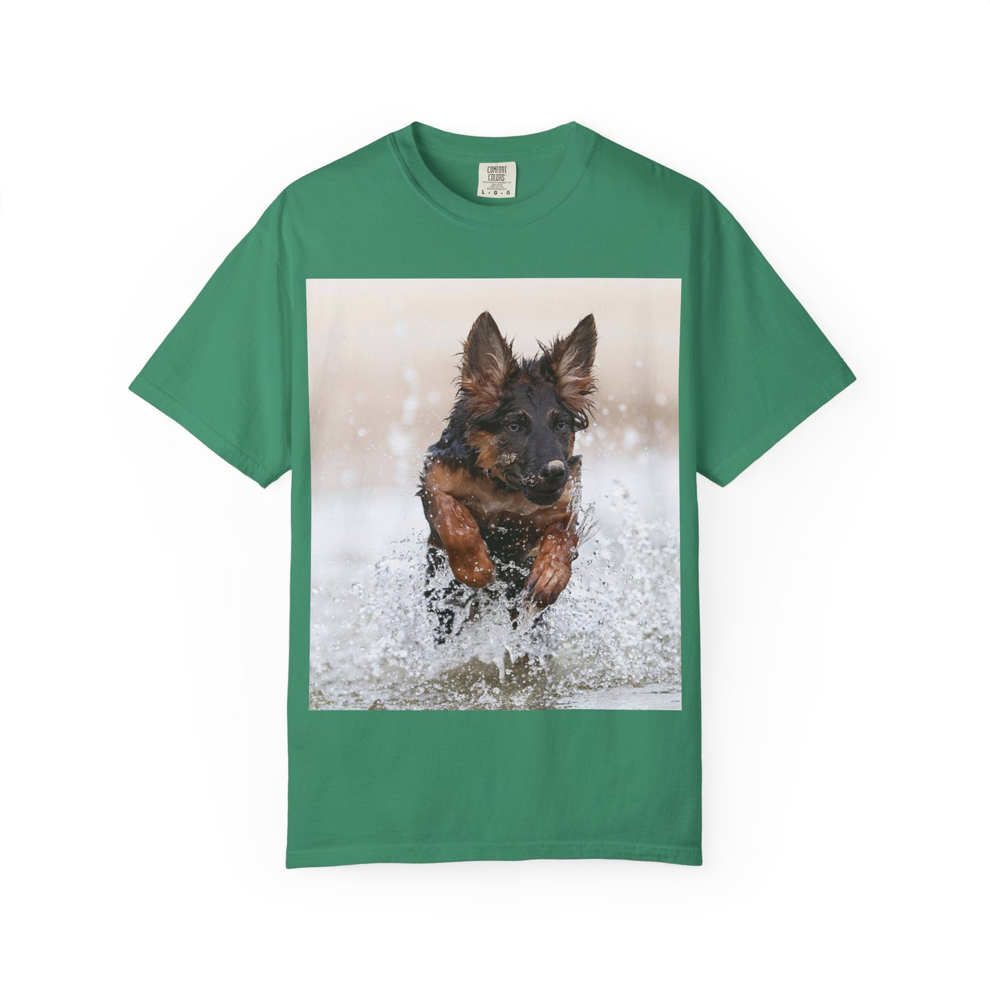 Unisex Dog Lover T-Shirt Featuring a German Shepherd Puppy Jumping In The Water