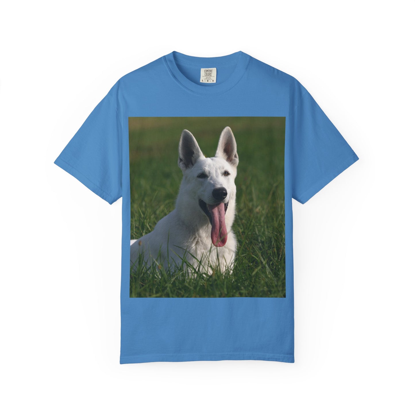 Unisex Dog Lover T-Shirt Featuring White German Shepherd Resting On Green Grass Leaving Tongue Out
