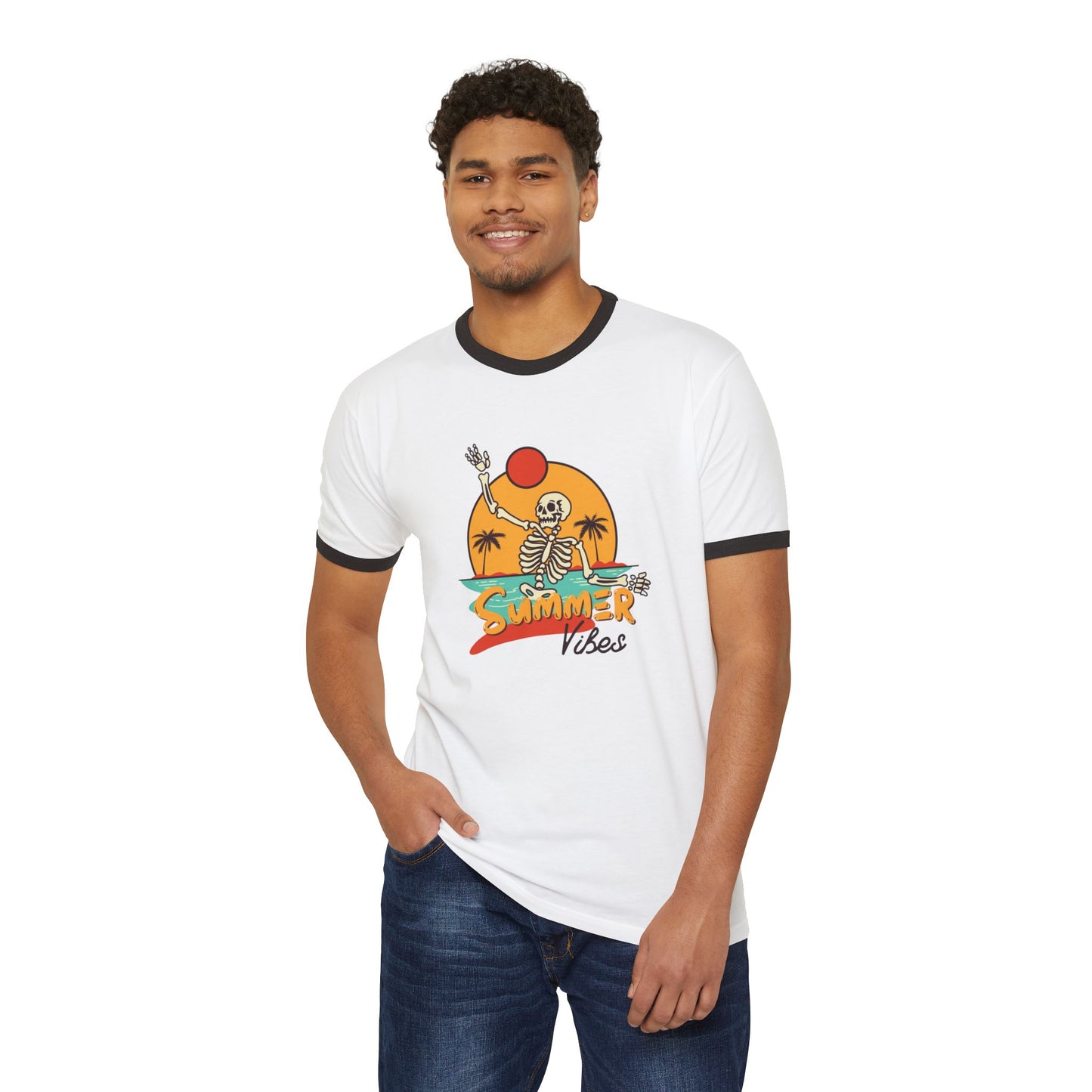 Retro Summer Ringer T-Shirt, Vintage Beach Tee, Skeleton Graphic Shirt, Unisex Casual Wear, Perfect for Summer Vibes