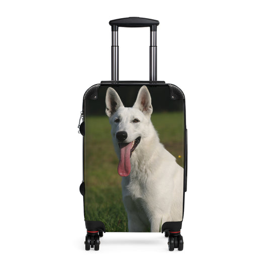 Dog Lover Suitcase Featuring a Giant White German Shepherd Sloppily Sitting on Grass Leaving Tongue Out