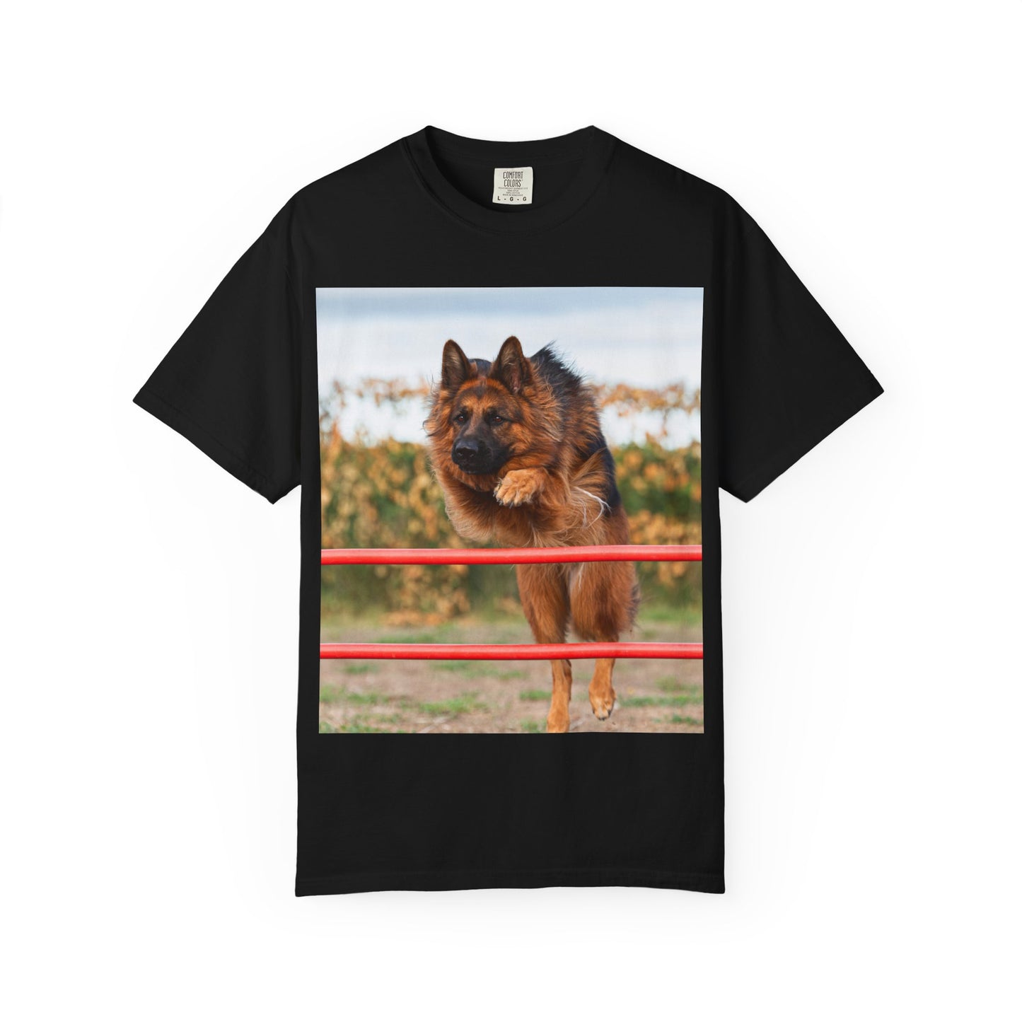 Dog Lover Unisex T-Shirt  Featuring Photograph of Showline German Shepherd Jumping Agility Fence