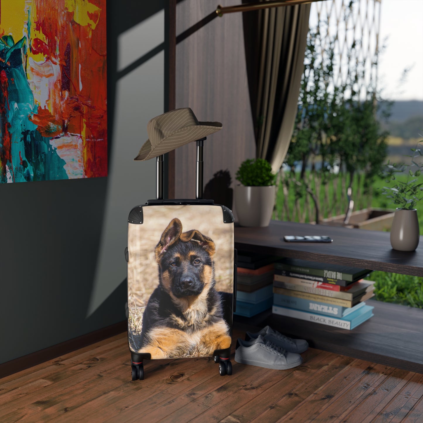 Dog Lovers Suitcase Featuring a Gorgeous German Shepherd Puppy Resting on Dry Grass