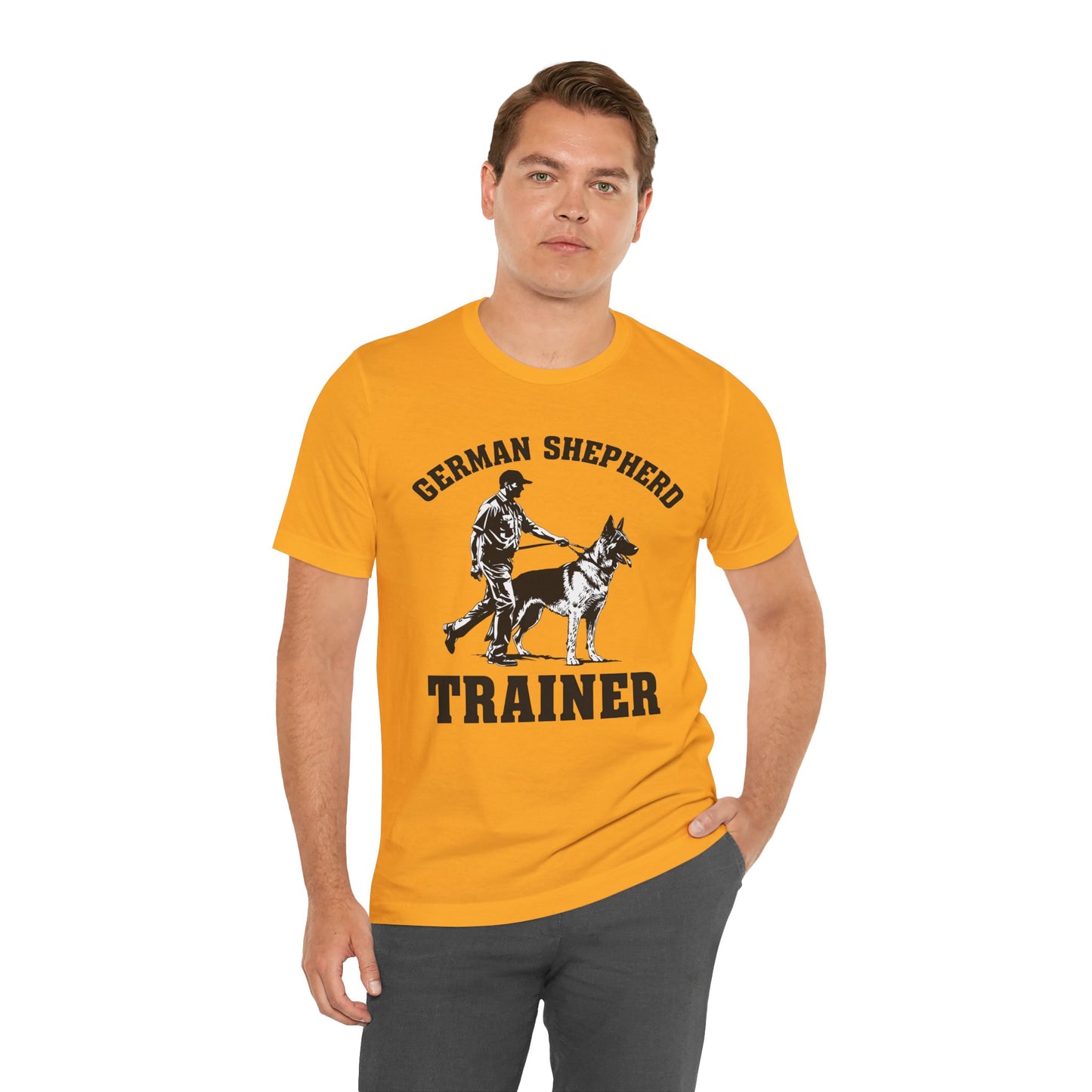 German Shepherd Trainer Tee - Black and White Design of Man Holding a German Shepherd
