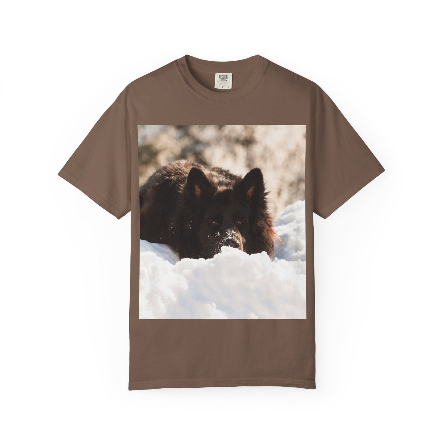 Unisex Dog Lover T-Shirt Featuring a Giant Black German Shepherd Resting on the Snow