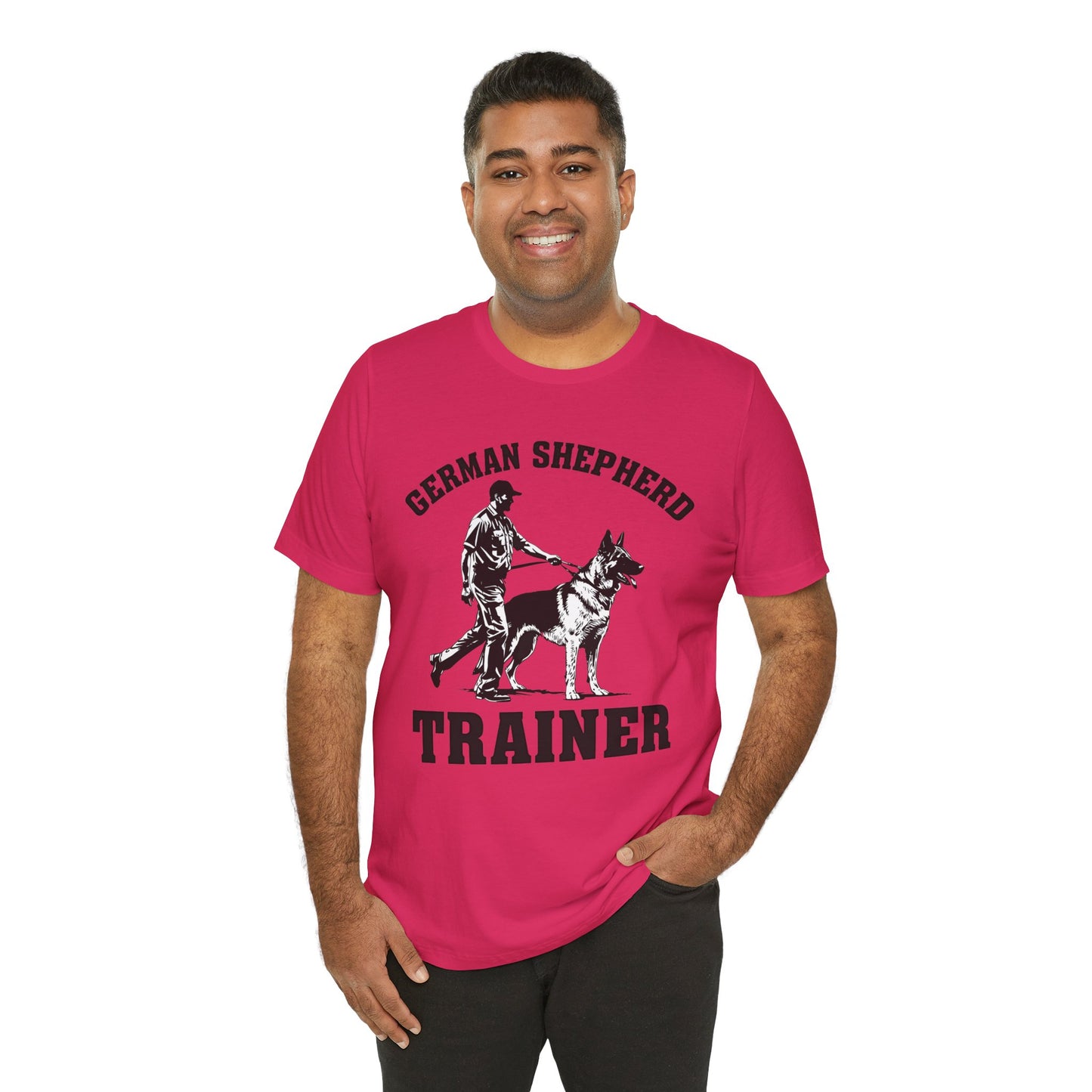 German Shepherd Trainer Tee - Black and White Design of Man Holding a German Shepherd