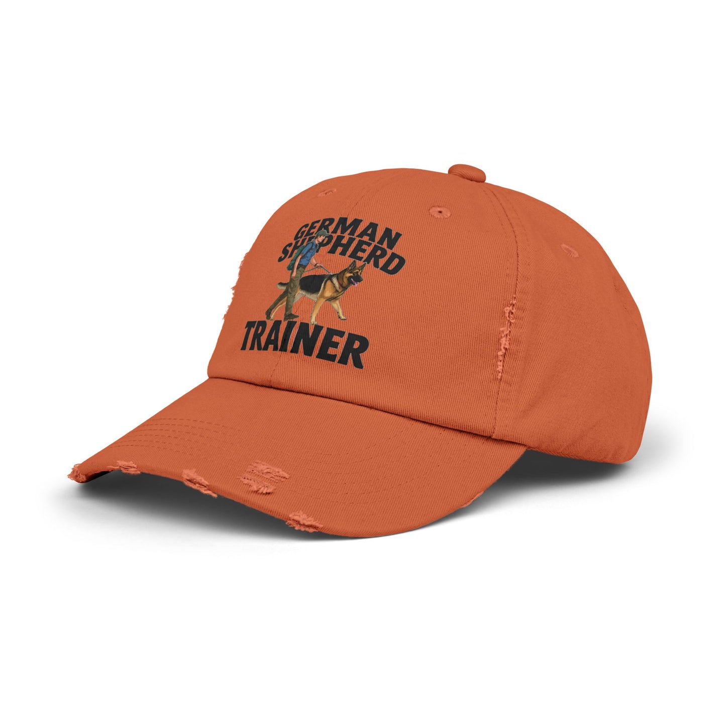 Unisex Distressed Cap Featuring a Trainer Leading German Shepherd, Dog Trainer Gift