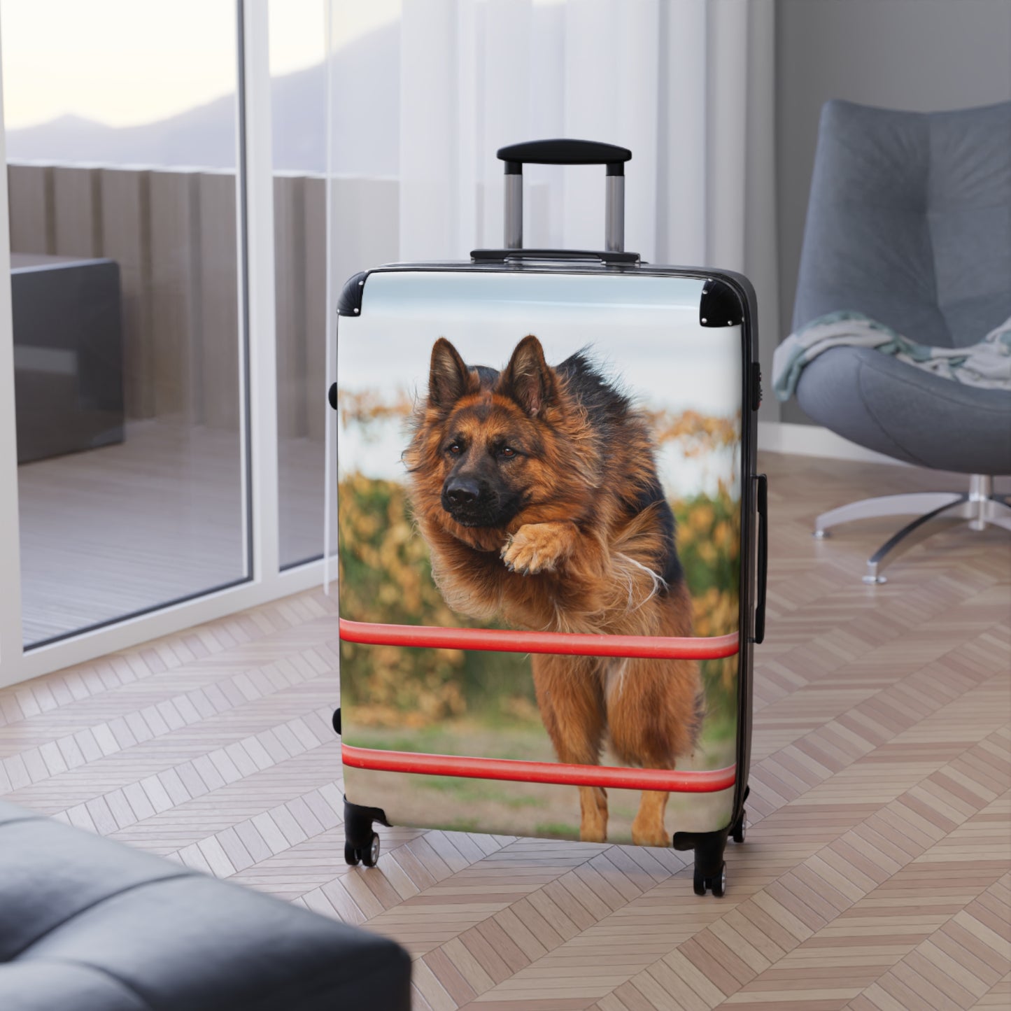 Dog Lover Suitcase Featuring a Long Coat German Shepherd Jumping An Agility Fence