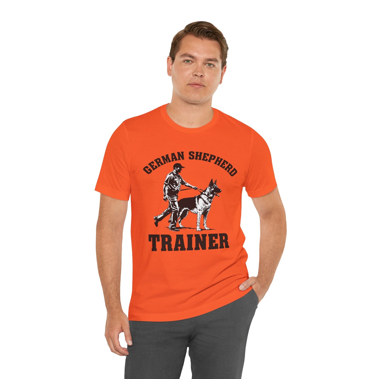 German Shepherd Trainer Tee - Black and White Design of Man Holding a German Shepherd