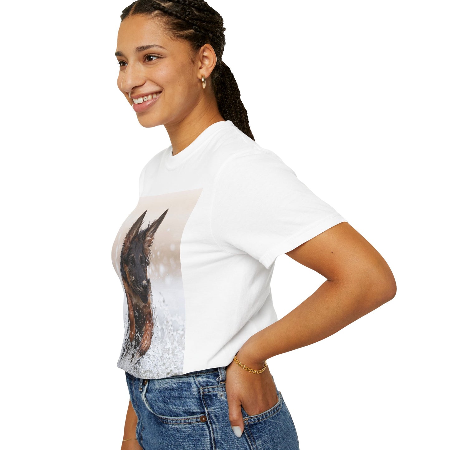 Unisex Dog Lover T-Shirt Featuring a German Shepherd Puppy Jumping In The Water