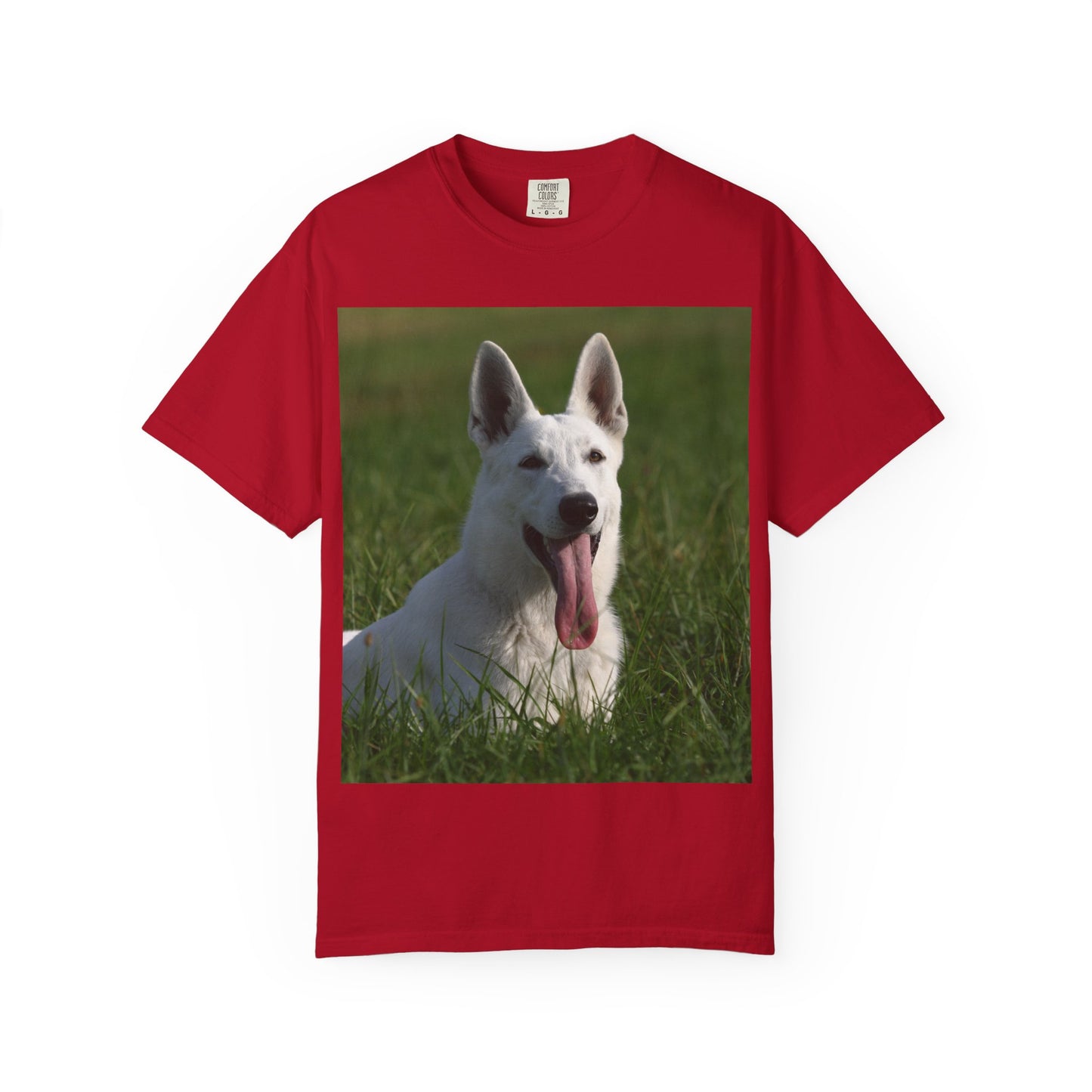Unisex Dog Lover T-Shirt Featuring White German Shepherd Resting On Green Grass Leaving Tongue Out