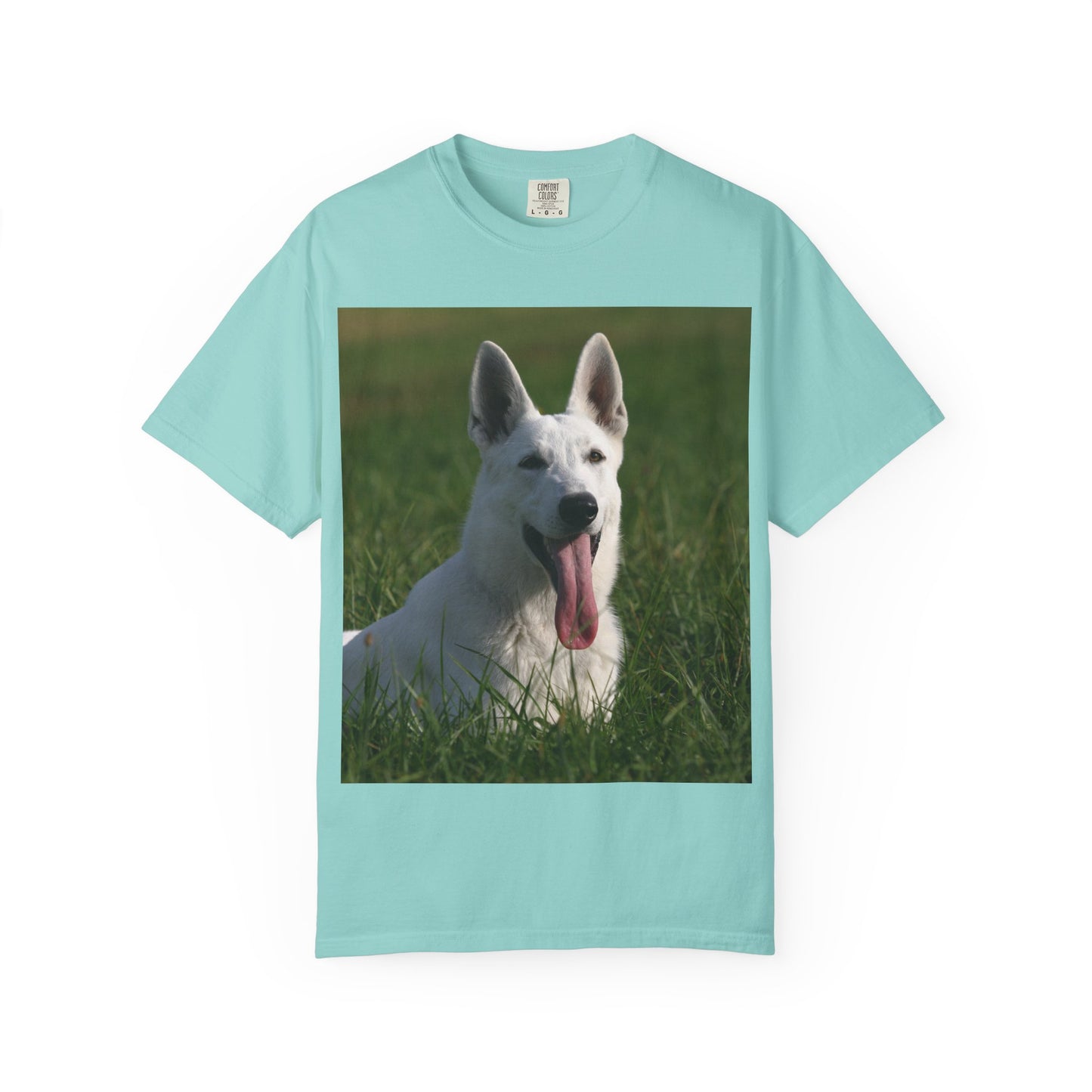 Unisex Dog Lover T-Shirt Featuring White German Shepherd Resting On Green Grass Leaving Tongue Out