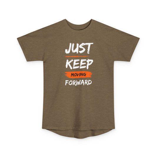 Unisex Motivational Long Body Urban Tee - Just Keep Moving Forward, Inspirational Shirt, Casual Streetwear, Gift for Fitness Lovers
