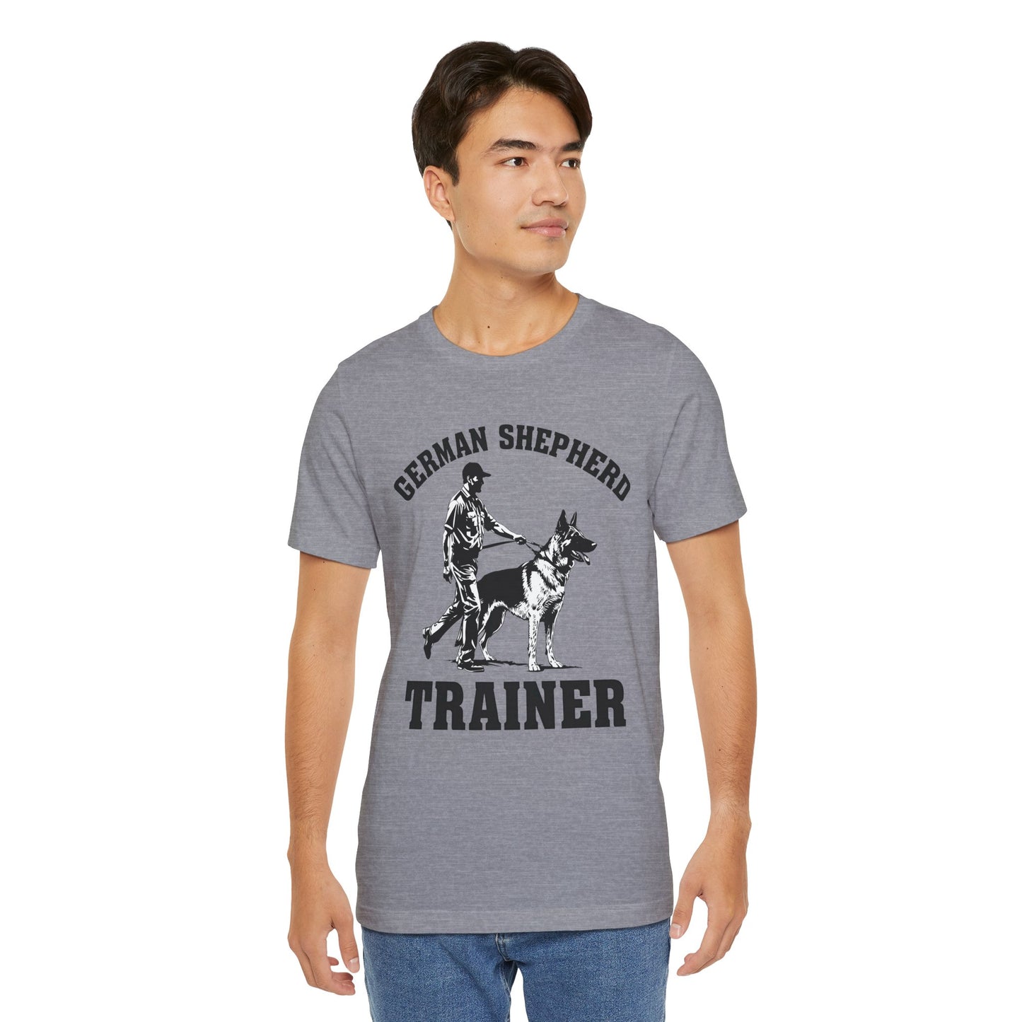 German Shepherd Trainer Tee - Black and White Design of Man Holding a German Shepherd