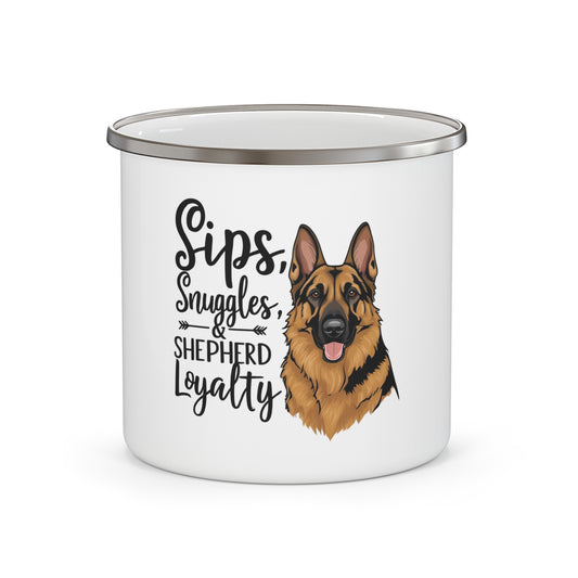 German Shepherd Enamel Camping Mug - Sips, Snuggles, Shepherd Loyalty | Perfect for Dog Lovers, Outdoor Adventures, Gifts for Pet Parents, Campfire Drinking Mug
