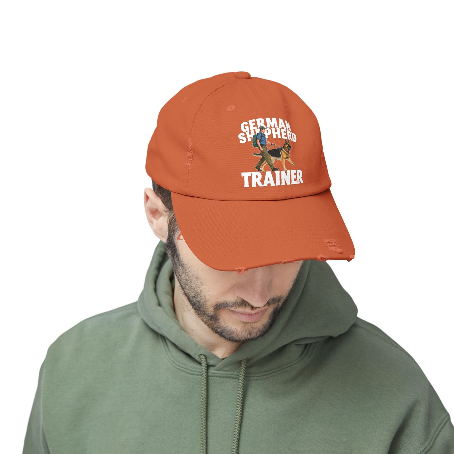 Unisex Distressed Cap Featuring a Trainer Leading German Shepherd, Dog Trainer Gift