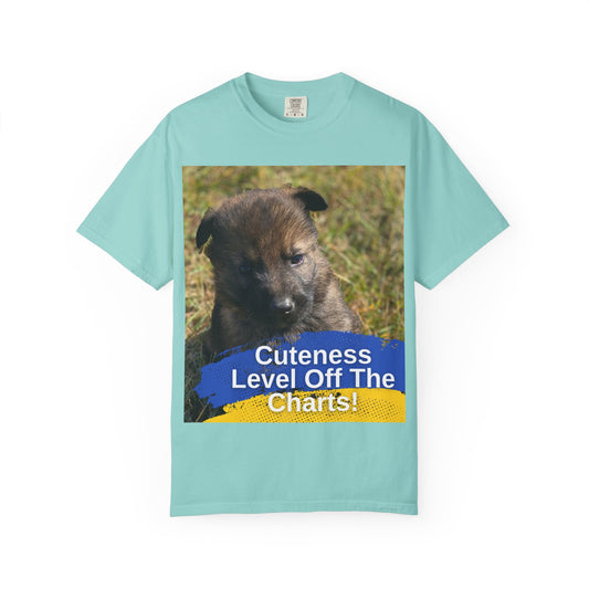 Unisex Dog Lover T-Shirt Featuring a German Shepherd Puppy and Caption Cuteness Level Off The Charts