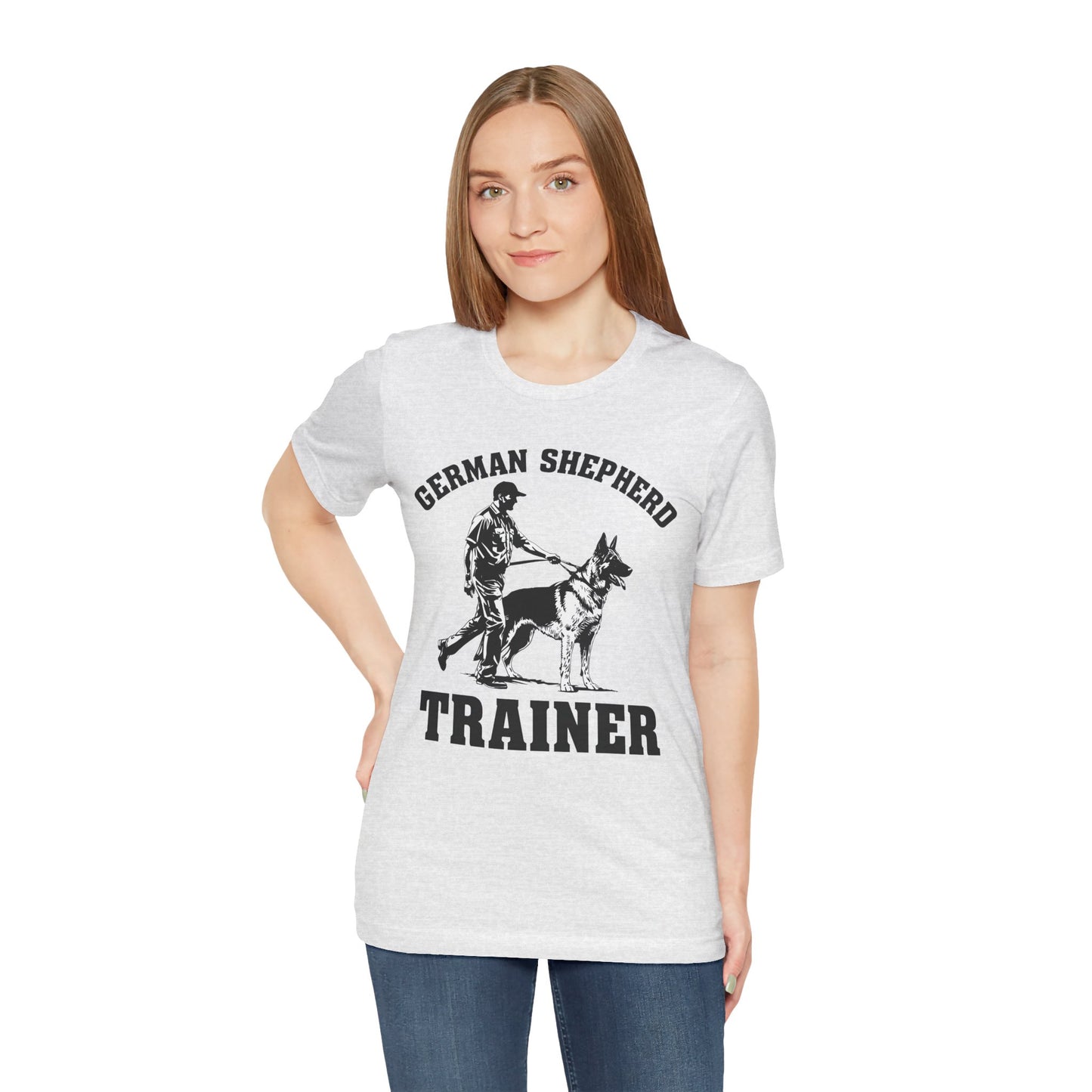 German Shepherd Trainer Tee - Black and White Design of Man Holding a German Shepherd