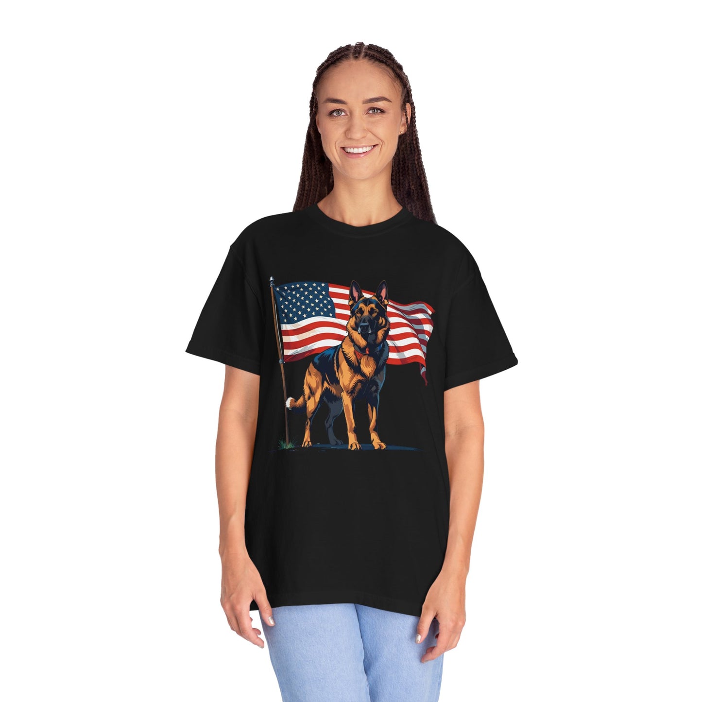 Patriotic German Shepherd Dog T-Shirt, Unisex Garment-Dyed Tee, Dog Lover Gift, US Independence Day Apparel, Casual Wear for Pet Lovers