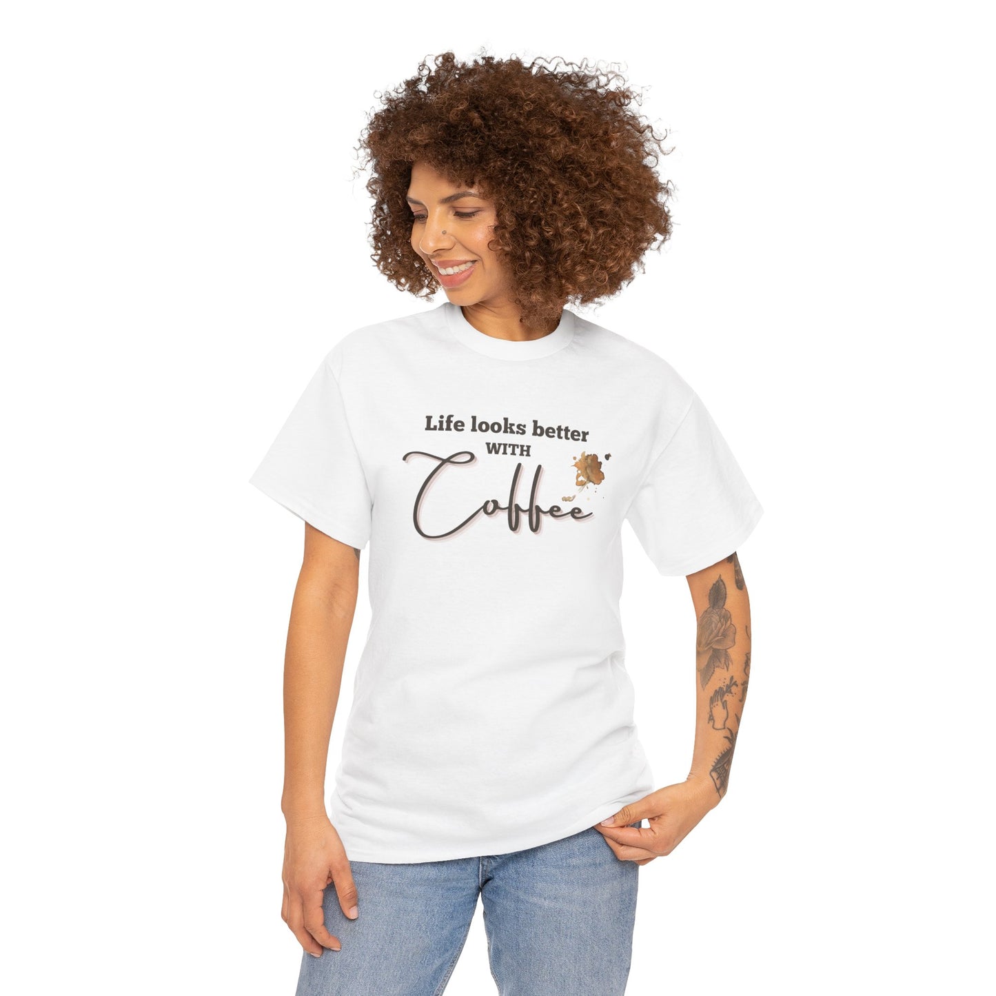 Life Looks Better with Coffee Tee | Unisex Cotton Tee for Coffee Lovers, Gift for Birthdays, Anniversaries, Casual Wear, Coffee-themed