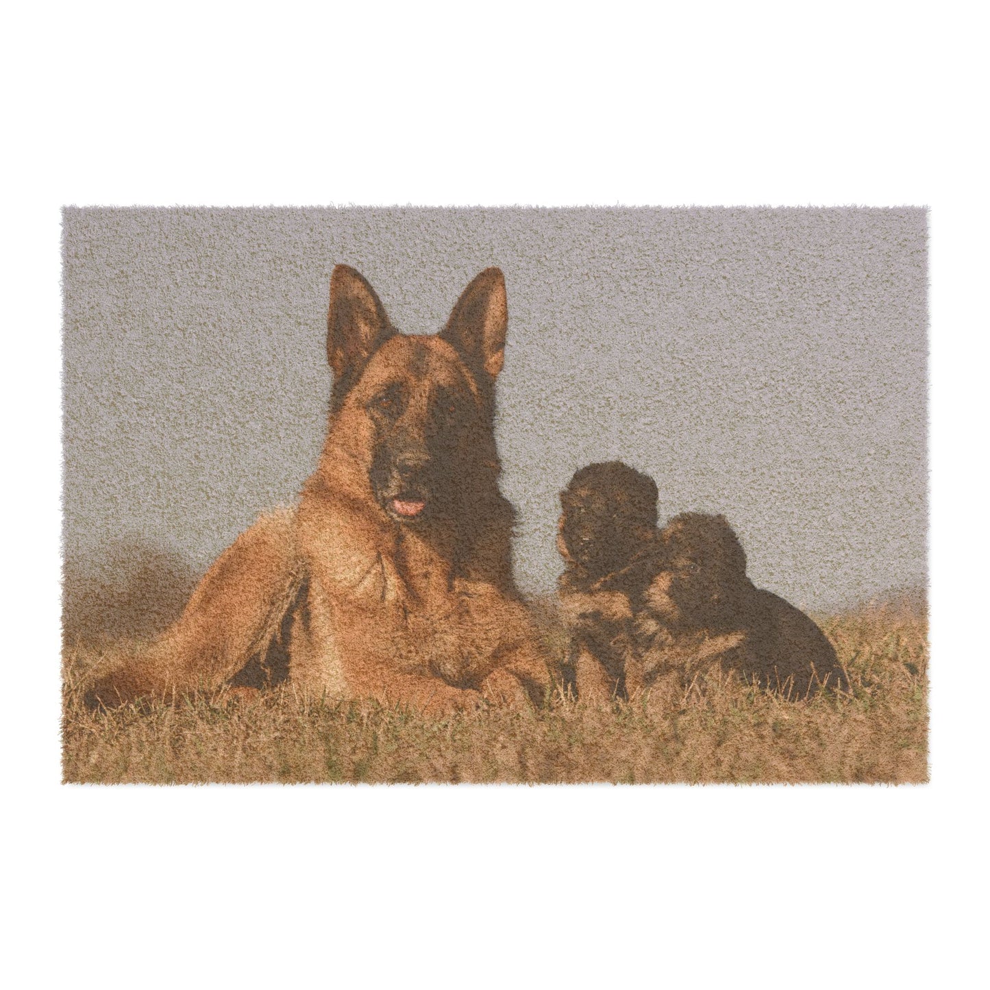 Personalized Dog Family Doormat - German Shepherd and Two Puppies Resting on Vast Field