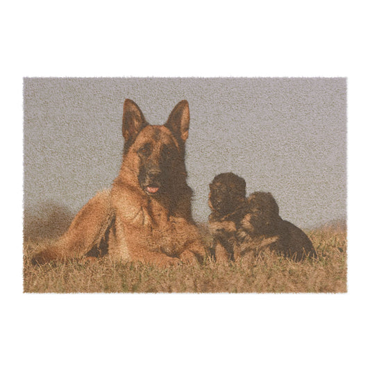 Personalized Dog Family Doormat - German Shepherd and Two Puppies Resting on Vast Field
