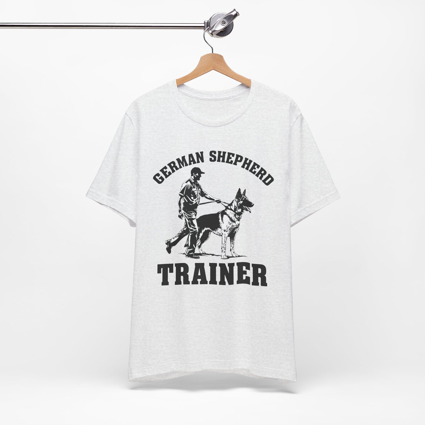 German Shepherd Trainer Tee - Black and White Design of Man Holding a German Shepherd