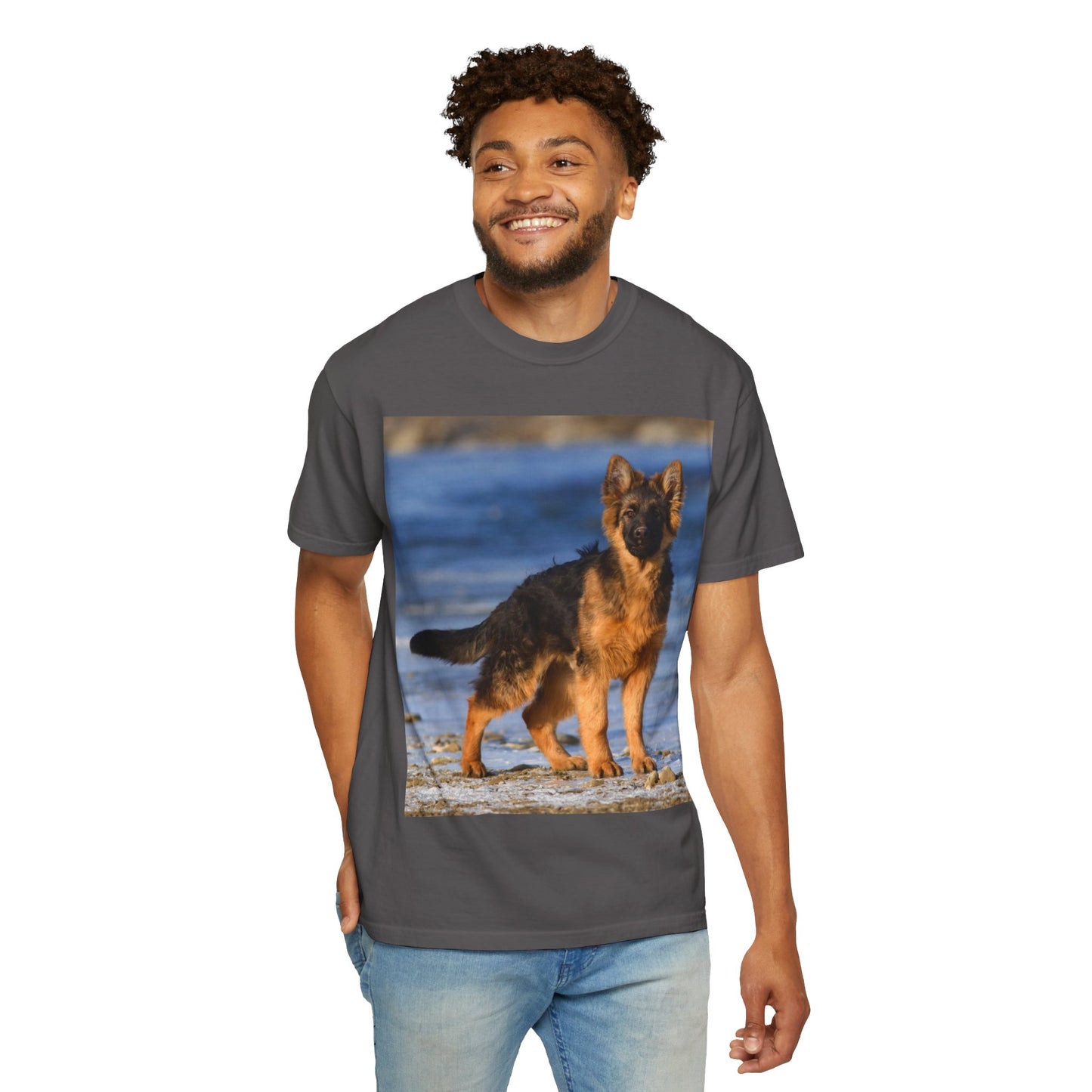 Unisex Dog Lover T-Shirt Featuring Beautiful German Shepherd Puppy Standing at the Sea Shore