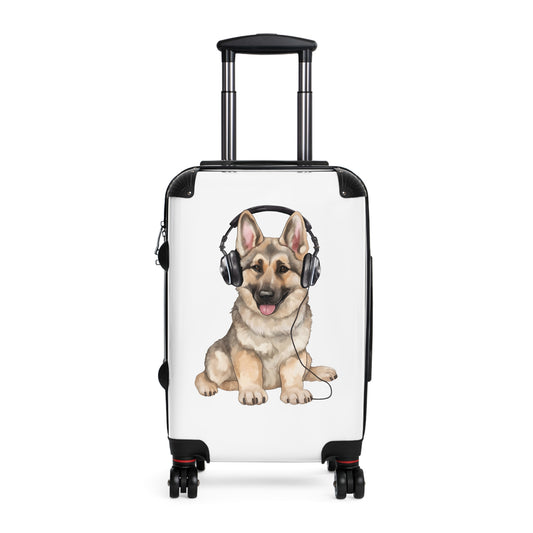 Travel Suitcase Featuring Graphic of German Shepherd Wearing Headphones Enjoying Music